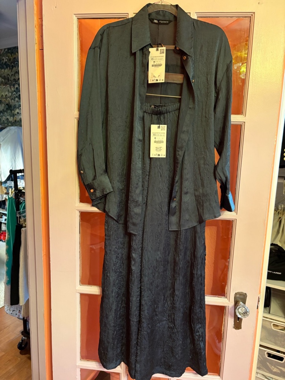 Zara Crinkled Dark Teal Button-Front Shirt and Pant Set XS